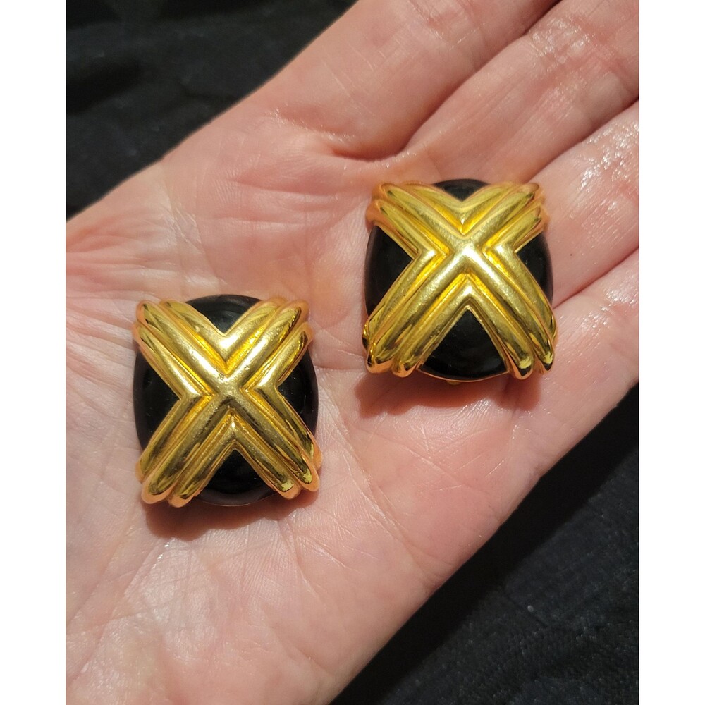 St. John Collection Gold Black Enamel "X" Clip-On Earrings, Signed 1980s
